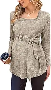 [tiorhooe] Women's Knit Maternity Tops Long Sleeve Breastfeeding Pregnancy Top Square Neck Tunic Maternity Clothes