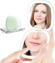 Compact LED Magnifying Travel Makeup Mirror 1X/10X Magnification Small Hand Pocket Mirror 3 Light Colors Dimmable Double Sided USB Rechargeable Touch Screen, Portable Cosmetic Mirror(Green)