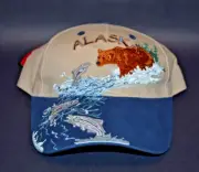 Alaska Hat Grizzly Bear Fishing Salmon Embroidered Adjustable Leather Strap NWT