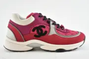 Chanel 21B Pink Black White Silver CC Logo Tie Flat Runner Trainer Sneaker 38.5