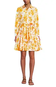 Lands' End Poplin Button Front Dress with Godets in Yellow Mosaic Floral at Nordstrom, Size Medium