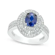 Oval Lab-Created Blue Sapphire and 0.50 CT. T.W. Diamond Art Deco Frame Ring in Sterling Silver