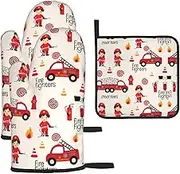 Little Boys and Girls in Firefighters Print Heat Resistant BBQ Gloves Oven Mitts and Pot Holders Set for Kitchen Baking Set