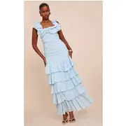 Light Blue Chiffon Ruched Ruffle Maxi Dress, Light Blue