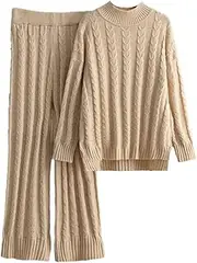 [Generic] Winter Solid Casual 2PC Sets Women Half-High Collar Loose Tops Wide Legs Long Pants Sweater Suits