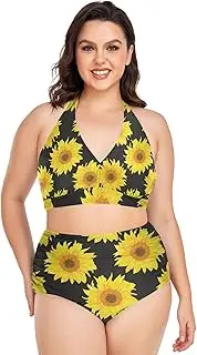 [Caihoyu] Extended Size Bikini for Women Tummy Control Bathing Suits High Waisted Bikini Swimwear Bright Sunflowers Flower Black L