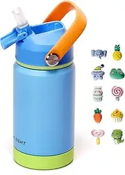 pluseight Kids Insulated Water Bottle with Straw Lid, 350ml BPA-Free Double Wall Vacuum Tumbler 18/8 Stainless Steel Leak Proof Kids Cups with Straw for School Travel Boys Girls (Blue)