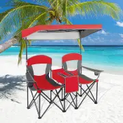 CostwayDouble Folding Camping Chair with Canopy and Armrests-Red