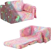 Kisdsa Kids Couch Fold Out, Foldable Toddler Couch with Blanket, Kids Sofa for Girls & Boys, Flip Out Toddler Chair, Convertible Sofa to Lounger for Children Age 1-3 (Glow Pink)