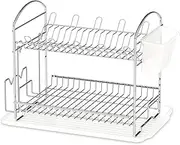 SimpleHouseware 2-Tier Stainless Steel Dish Rack with Drain Board, Cup Holder and Cutting Board Holder, Chrome