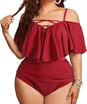 [GDYJP] Women Plus Size One Piece Swimsuits Tummy Control Flounce Off Shoulder Bathing Suits (Color : Red, Size : 3X-Large)