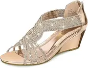 [PIZZ ANNU] Women's Diana Low Wedge Sandals Sparkly Rhinestone Open Toe Fashion Dress Shoes for Woman Lady in Bridal Dance Evening, Royal Blue