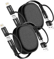 YTLUSN 5 in 1Retractable iPhone Charging Cable(4FT 2Pack), 65W Fast Charging Cable Multiple Lightning Charger Cord for iPhone 16 15 14 13, iPad, AirPods,MacBook and More