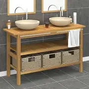 Bathroom Vanity Cabinet with Cream Marble Sinks Solid Wood Teak,Bathroom Vanity Units 62.32KG-3096587