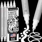 ARTISTRO 5 White Acrylic Paint Pens, Acrylic Paint Markers Dual Tip (Fine 1mm + Dot 5mm), Acrylic Markers for Fabric, Canvas, Rock, Glass, Wood, Paper, DYI, Paint Markers for Kids and Adults