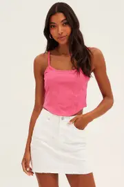 Pink Corset Singlet Sleeveless Scoop Neck Rib Jersey - Size S, Women's Singlet