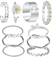 [Jyeennar] Pack of 10 Women's Rings Bohemian Finger Rings Women Adjustable Daisy Pearl Joint Wave Flower Ankle Rings Stackable Band Rings Ring Set for Valentine's Day Women Girls