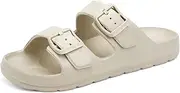 [INMINPIN] Boys Girls Double Buckle Slide Sandals Comfort Beach Pool Shower Slippers Adjustable Indoor Outdoor Little Kid/Big Kid, Beige, 1 Big Kid