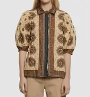 $593 Sandro Paris Women's Beige Short-Sleeve Button-Down Blouse Top US Size M/2