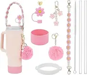 Accessories Set Compatible with Stanley Cup 40oz 30oz Tumbler Including Handle Strap, Siliocne Stanley Cup Boot, Siliocne Straw Cover, Stanley Charms, Cleaning Brush & 2 Straws