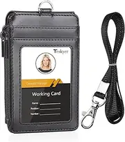 Teskyer Badge Holder with Side Zip Pocket, Multiple Card Slots Leather ID Holder Wallet with Neck Lanyard for Office Staffs, Teachers/Students, Couriers, Workers