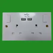 White 2 Gang 13A Switched UK Mains Socket With Dual 2.1A USB Charger Ports