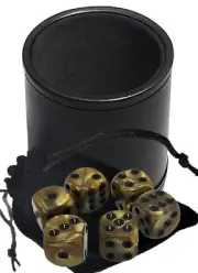 (6) Pearlized Dice Gold w/Black Pips + Pouch + PU Leather Black Felt Lined Cup