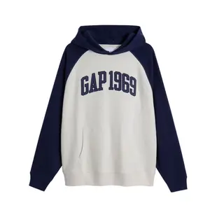 Gap 男裝 Logo/小熊印花帽T 碳素軟磨法式圈織系列-藍白拼接(760405)