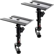 Studio Monitor and Speaker Stand Pair, Clamp-on Desk Speaker Stand, 25x23cm Heavy Duty Metal Tray at +10° to -10° Tilted Angle for Monitor Speakers, Bookshelf Speakers, Laptops, 2 Pack