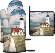 3 pcs Oven Mitts and Pot Holders Set 500°F Heat Resistant Oven Gloves and Hot Pads Kitchen Mittens Lighthouse Backdrop Cooking Gloves Potholders for Baking Grilling