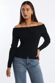 Black Knit Cardigan Long Sleeve Bardot - Size 12M, Women's Fitted Cardigan