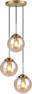 HJXDtech Industrial Vintage 3 Lights Pendant Light,Glass Globe 3 Pendants Ceiling Light, Brass E27 Hanging Lamp Cluster Over Kitchen Island & Dining Room Table (Amber)