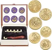 SWANGSA Wax Seal Stamp Set, Vintage 6 Pieces Sealing Wax Stamp Heads + 1 Wooden Handle Sealing Stamp Kit (Moon Set)