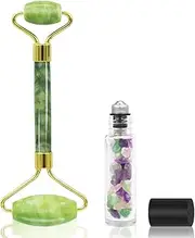 2 in 1 - Premium Jade Roller for Face + 100% Natural Gemstone Essential Oil Roller Bottles,Real Jade Face Roller,Puffiness Facial Skin Massager Treatment Therapy,Anti Aging & Eyes Wrinkles Removing