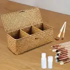 Bamboo Storage Basket with Lid Woven 3 Compartments for Desktop Home