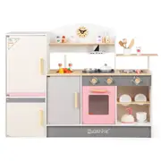 Costway Pretend Play Kitchen w/Refrigerator Wooden Toy Set Kitchen Cooking Sink Playset Pink