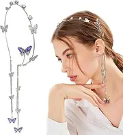 [Paotxpum] Hair Accessories Wedding Butterfly Headband Silver Crystal Tassel Hair Hoop Band Vintage Decorative Headpieces Purple Butterfly Headdress Fake Earrings Head Chain