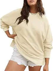 [TAKEYAL] Women's Oversized Sweatshirts Casual Crew Neck Side Split Loose Soft Long Sleeve Pullover Tops S-2XL, Khaki, Small
