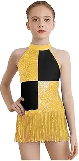 [FEESHOW] Kids Girls Sequins Jazz Latin Dance Leotard Tassels Fringe Contemporary Rumba Samba Costume