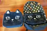 NWT JUSTICE I LOVE CATS BACKPACK LUNCHBOX SILVER SHIMMER SEQUINS/FAUX FUR BLACK