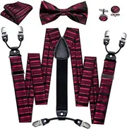 [keusyoi] Mens Paisley Silk Suspenders Man for Pants Woven Bow Tie Handkerchief Cufflink Sets Wedding Party Suspenders
