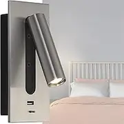Modern Indoor LED Wall Light, Recessed Reading Light, with USB Port Charging, Adjustable Rotation, for Bedroom, Lounge, Bathroom, Living Room, Lobby,Grey-USB+Switch
