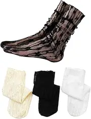 [CJKDXDH] Lace Ankle Socks Sheer Slouch Socks Mesh Frilly Socks Lace Loose Socks Through Transparent Tulle High Socks Dress Socks for Women Girls 3 Pairs, Beige, One Size