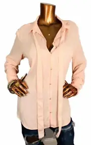 Banana Republic L Top Peach Blouse Soft Long Slv Crew Tie Neck Button Up Shirt