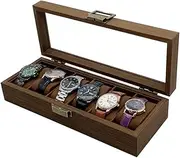 [MOTRAIN] Wooden Watch Box Organizer for Men, 6 Slot Watch Display Case Watch Cases, Watch Organizer with 3mm Glass Lid, Watch Case with Removable Watch Pillow, 31 * 12 * 7.5 cm, Brown