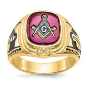 Solid 14k Yellow Gold Men's Synthetic Simulated Ruby Masonic Ring