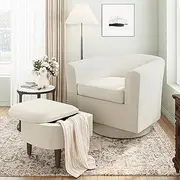 COLAMY Upholstered Swivel Barrel Accent Chair with Ottoman, Modern Single Sofa Lounge Armchair Club Chair with Storage Space for Living Room Bedroom Office, Beige
