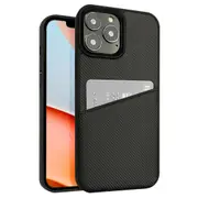 ZUSLAB Fashion Back Case for iPhone 13 6.1" Leather Credit Card Slot Holder Rubber Bumper Protective Cover for Apple - Carbon Fiber Black