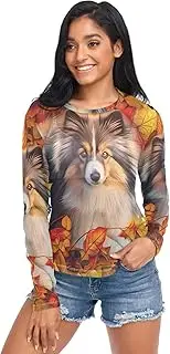 [RPLIFE] Dog Autumn Leaves Womens Mesh Sleeve Top, Sheer Sleeve Top S-XXL