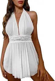 [Generic] Padded Strapless Bras for Teens Women's Deep V Sexy Backless Double Layer Seductive Nightwear with Neck Hanging Plus Size Lingerie for Women Cosplay